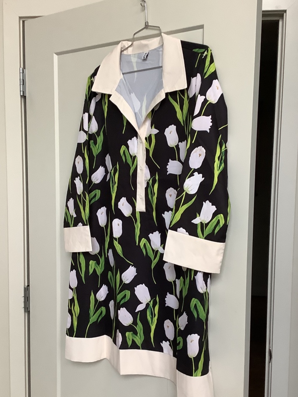 Black Floral Shift Dress with Cream Trim